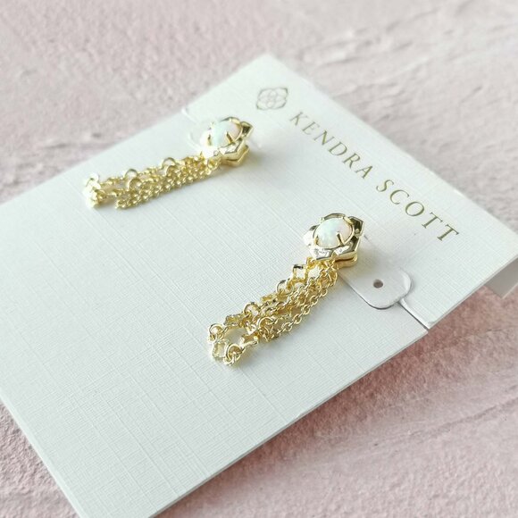 Kendra Scott Susie Gold White Kyocera Opal Convertible Ear Jacket Earrings - Picture 2 of 3